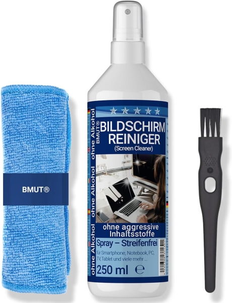 BMUT Premium Screen Cleaner Set (250ml) incl. XXL Microfiber Cloth & Brush (Made in Germany: Streak-Free Cleaning for LCD, OLED, TV & Phones – Alcohol-Free Anti-Fingerprint Formula.)