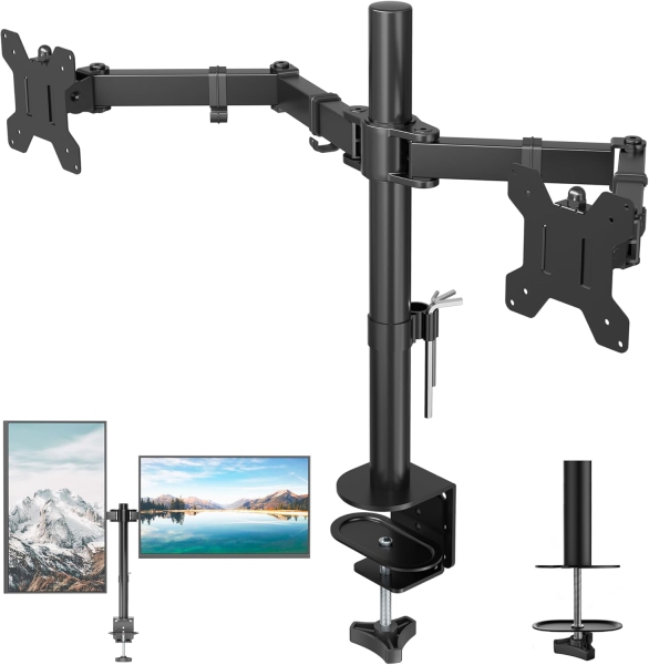 BONTEC Monitor Mount 2 Monitors for 13-27 Inch Flat & Curved Screens, Monitor Table Mount Height Adjustable, Tiltable, Swivel, Rotatable, 10 kg per Arm, VESA 75x75 / 100x100, Black