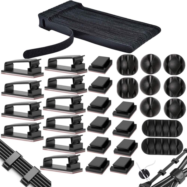 MiuCo Cable Management Desk Kit (100-Piece) – The Ultimate Organizer (Complete Set with 50 Cable Ties, 40 Clips & 10 Silicone Holders – Self-Adhesive & Residue-Free.)