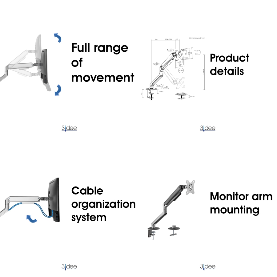 3IDEE Flexi-Lite Monitor Mount 1 monitor for 17-32" screens, modern design, fully movable & adjustable