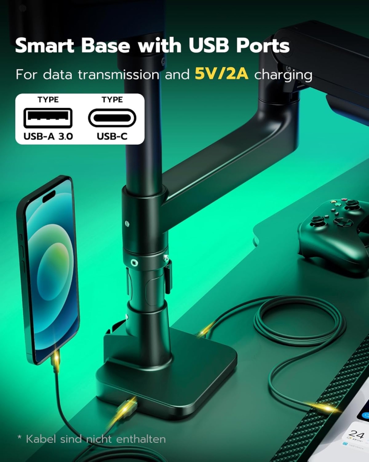 ARES WING Dual Monitor Mount 2 Monitors for 17-49 Inches (Max. 20 kg/Arm) – Stacked & Side-by-Side, USB A/C Ports, Gas Spring – VESA 75/100 (Heavy Duty Dual Monitor Arm: 20kg load capacity per arm, integrated USB hub & top-side mounting.)