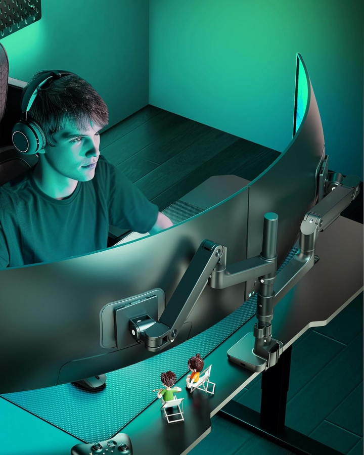 ARES WING Dual Monitor Mount 2 Monitors for 17-49 Inches (Max. 20 kg/Arm) – Stacked & Side-by-Side, USB A/C Ports, Gas Spring – VESA 75/100 (Heavy Duty Dual Monitor Arm: 20kg load capacity per arm, integrated USB hub & top-side mounting.)