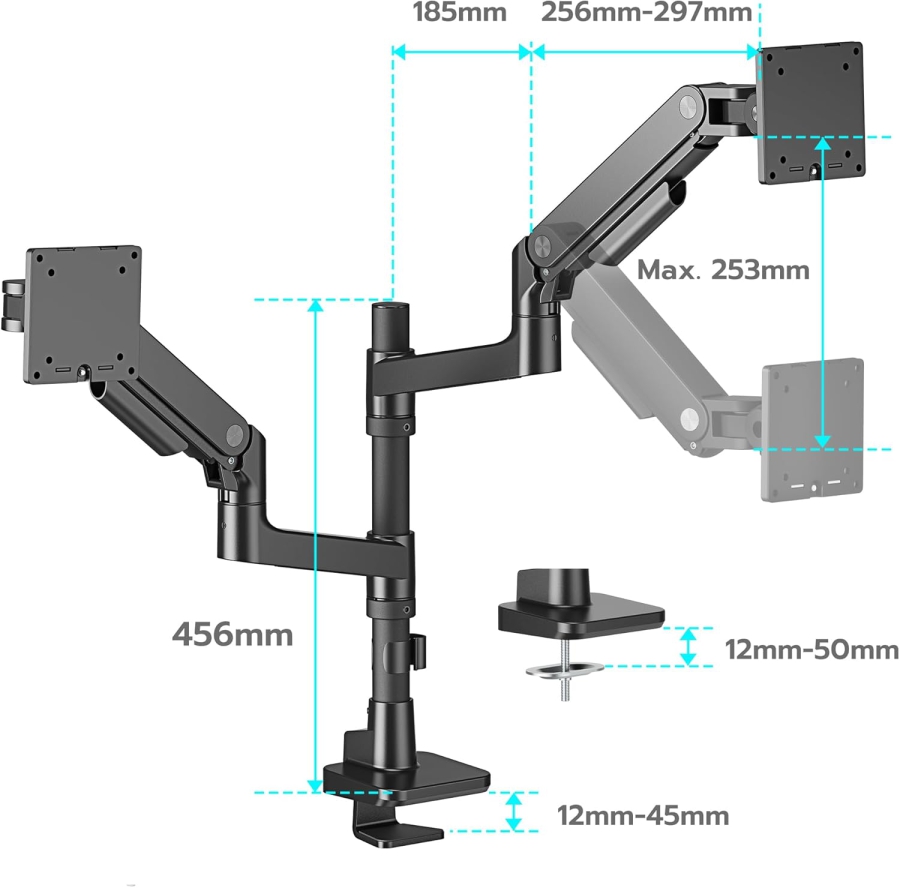 ARES WING Dual Monitor Mount for 17–49 Inches (Vertical & Horizontal) (Heavy Duty Gas Spring System for Two Monitors up to 20 kg Each – Stackable or Side-by-Side.)