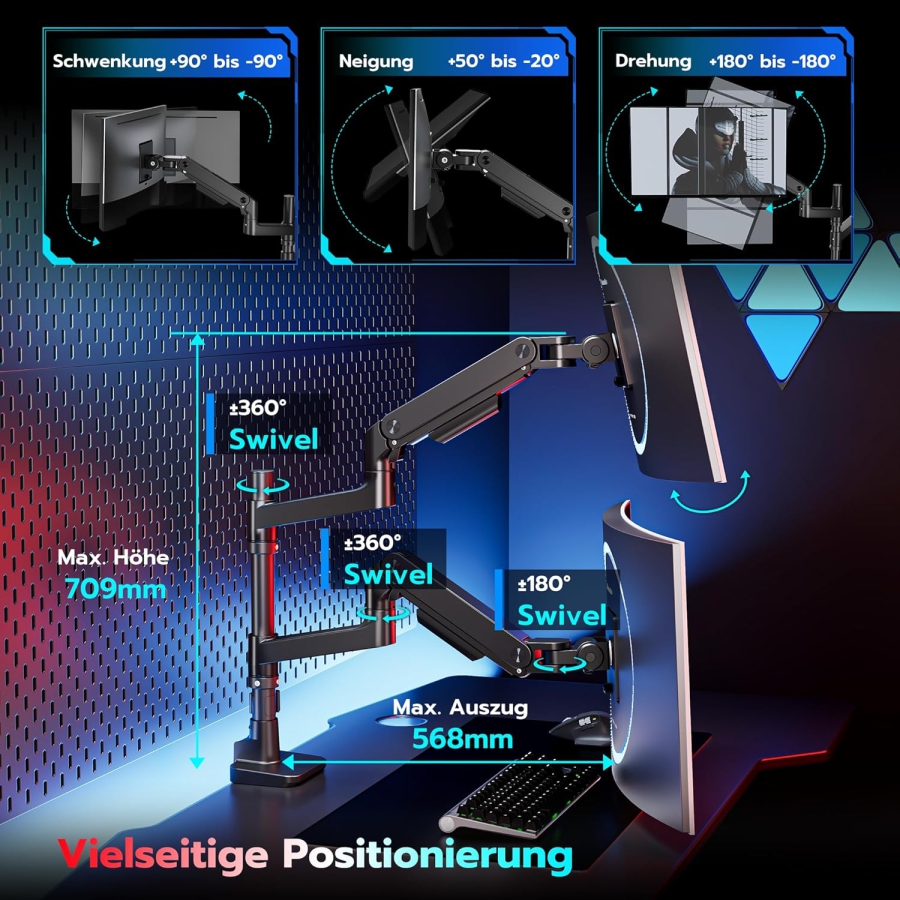 ARES WING Dual Monitor Mount for 17–49 Inches (Vertical & Horizontal) (Heavy Duty Gas Spring System for Two Monitors up to 20 kg Each – Stackable or Side-by-Side.)