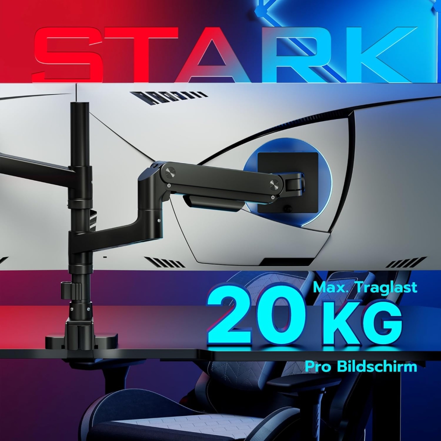 ARES WING Dual Monitor Mount for 17–49 Inches (Vertical & Horizontal) (Heavy Duty Gas Spring System for Two Monitors up to 20 kg Each – Stackable or Side-by-Side.)