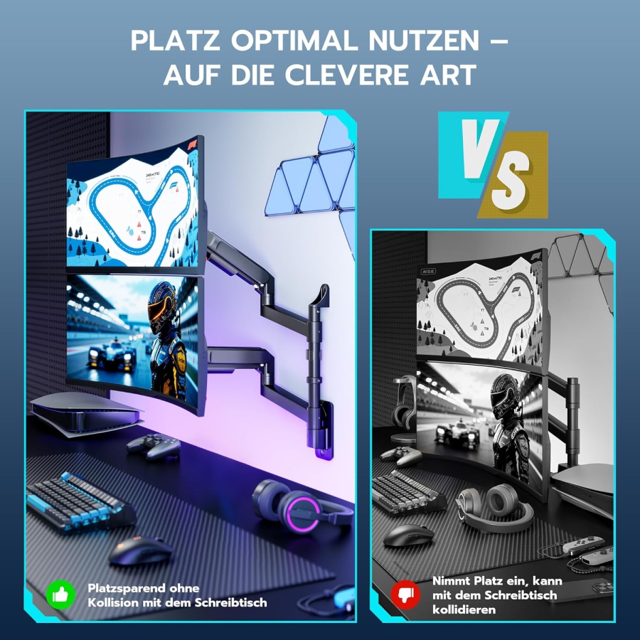 ARES WING Dual Monitor Wall Mount 24-57" – Gas Spring, 27kg per Arm, VESA 75/100 (Premium dual wall mount for Ultrawide & Curved screens: Maximum stability for your high-end setup.)