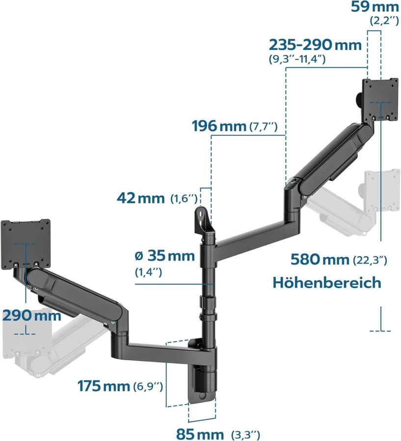 ARES WING Dual Monitor Wall Mount 24-57" – Gas Spring, 27kg per Arm, VESA 75/100 (Premium dual wall mount for Ultrawide & Curved screens: Maximum stability for your high-end setup.)