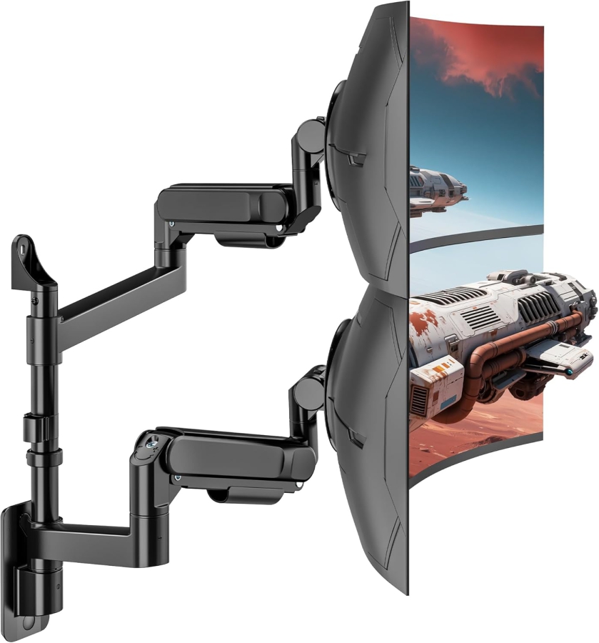ARES WING Dual Monitor Wall Mount 24-57" – Gas Spring, 27kg per Arm, VESA 75/100 (Premium dual wall mount for Ultrawide & Curved screens: Maximum stability for your high-end setup.)
