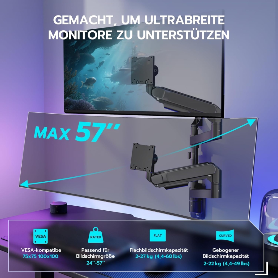 ARES WING Dual Monitor Wall Mount 24-57" – Gas Spring, 27kg per Arm, VESA 75/100 (Premium dual wall mount for Ultrawide & Curved screens: Maximum stability for your high-end setup.)