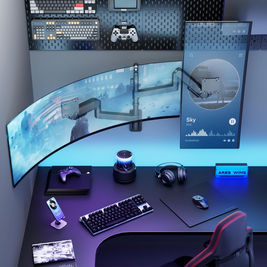 ARES WING Dual Monitor Wall Mount 24-57" – Gas Spring, 27kg per Arm, VESA 75/100 (Premium dual wall mount for Ultrawide & Curved screens: Maximum stability for your high-end setup.)