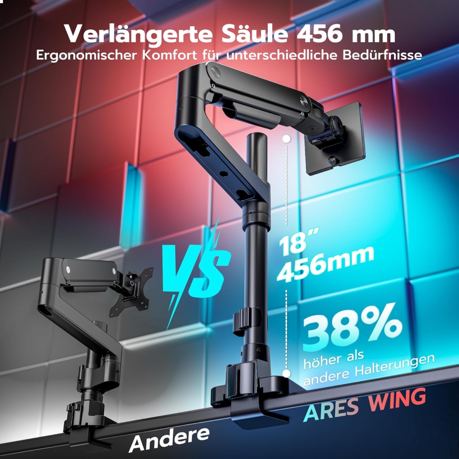 ARES WING Heavy Duty Monitor Arm 17-49 Inch (up to 20 kg) – Gas Spring (Extra high pole & 20 kg load capacity for Ultrawide & Curved screens.)