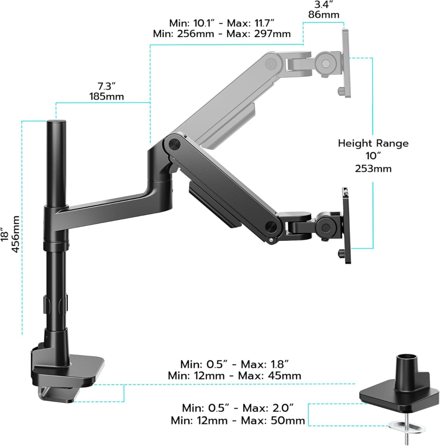 ARES WING Heavy Duty Monitor Arm 17-49 Inch (up to 20 kg) – Gas Spring (Extra high pole & 20 kg load capacity for Ultrawide & Curved screens.)
