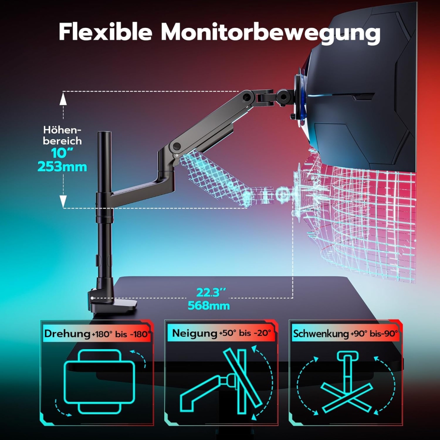 ARES WING Heavy Duty Monitor Arm 17-49 Inch (up to 20 kg) – Gas Spring (Extra high pole & 20 kg load capacity for Ultrawide & Curved screens.)