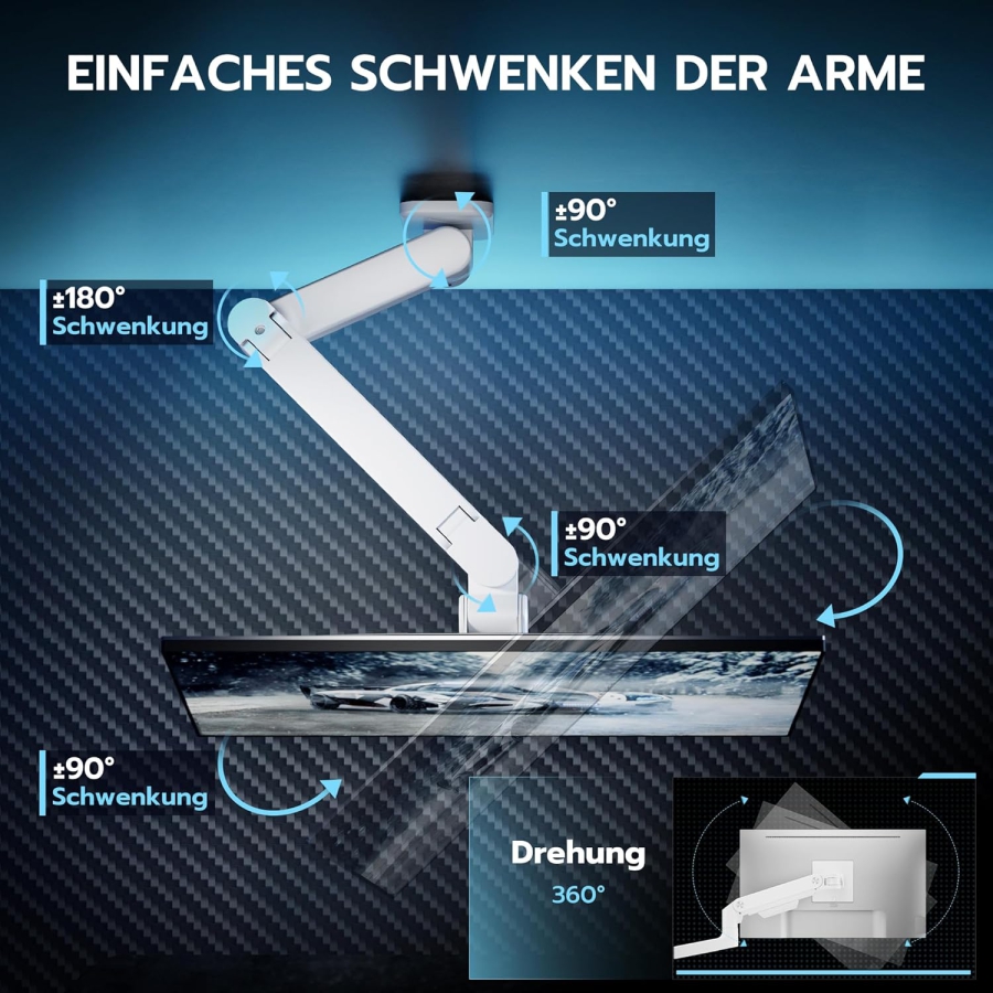 ARES WING Heavy Duty Monitor Wall Mount (White) for 17–49 Inch (Perfect for Ultrawide & Curved Monitors. Gas Spring Arm with 20 kg Load Capacity)