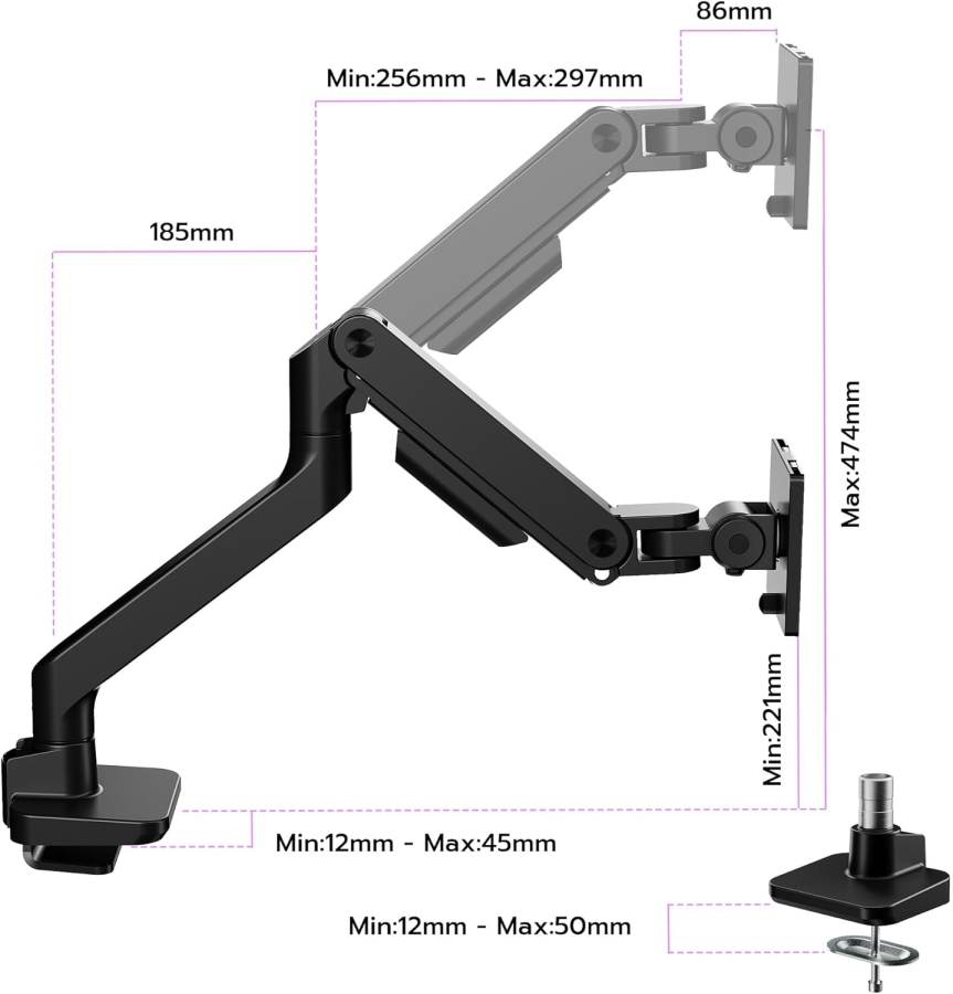 ARES WING Monitor Arm Black 17–49" | up to 20 kg (Maximum reach & ergonomics: Your premium monitor mount for gaming & focus time.)