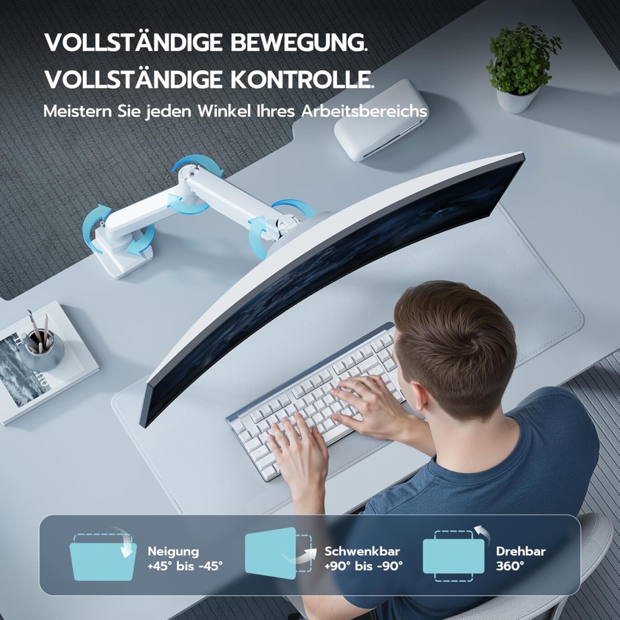 ARES WING Monitor Arm White 17–49" | up to 18 kg (Ergonomic Gas Spring Mount for Ultrawide & Curved Displays – VESA 75/100.)