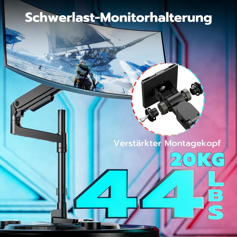 ARES WING Monitor Arm with Pole 17–49" | up to 20 kg (Extra high pole & 20 kg load capacity for Ultrawide & Curved screens.)