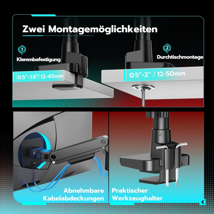 ARES WING Monitor Arm with Pole 17–49" | up to 20 kg (Extra high pole & 20 kg load capacity for Ultrawide & Curved screens.)