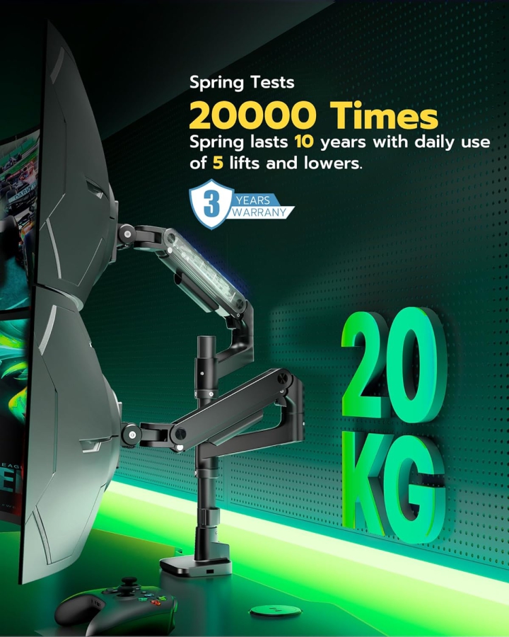 ARES WING Monitor Mount 2 Monitors for 17-49 inch Monitors, Gas Spring and USB A/C Port, Height Adjustable, up to 20kg/Arm, VESA 75 & 100