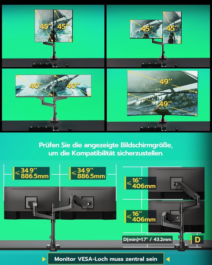 ARES WING monitor mount for 2 monitors on top of each other for 17-49 inch flat & curved screens, dual monitor mount with gas spring and USB A/C port, height adjustable, weight 2-20 kg/arm, VESA 75 & 100