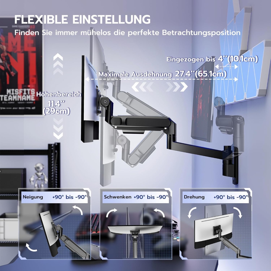ARES WING Monitor Wall Mount 24-57 Inch (up to 27kg) – Gas Spring (Heavy Duty Wall Arm for Ultrawide & Curved Screens.)
