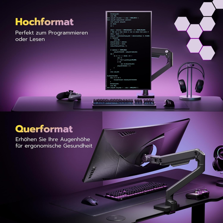 ARES WING Premium Monitor Mount 17-49" – Gas Spring Arm up to 20 kg, Black (Maximum reach & ergonomics: Your premium monitor mount for gaming & focus time.)