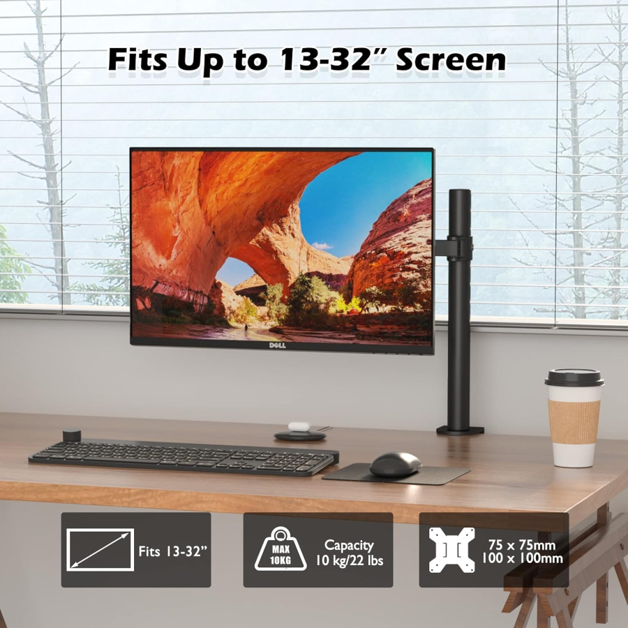 BONTEC 13-32 inch monitor mount for LED LCD screens up to 10 kg, monitor table mount 1 monitor height-adjustable, tiltable, swivel, 2 mounting options, VESA 75x75/100x100, black
