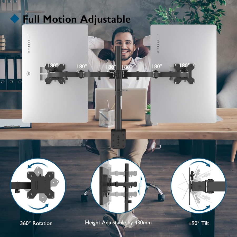 BONTEC Monitor Mount 2 Monitors for 13-27 Inch Flat & Curved Screens, Monitor Table Mount Height Adjustable, Tiltable, Swivel, Rotatable, 10 kg per Arm, VESA 75x75 / 100x100, Black
