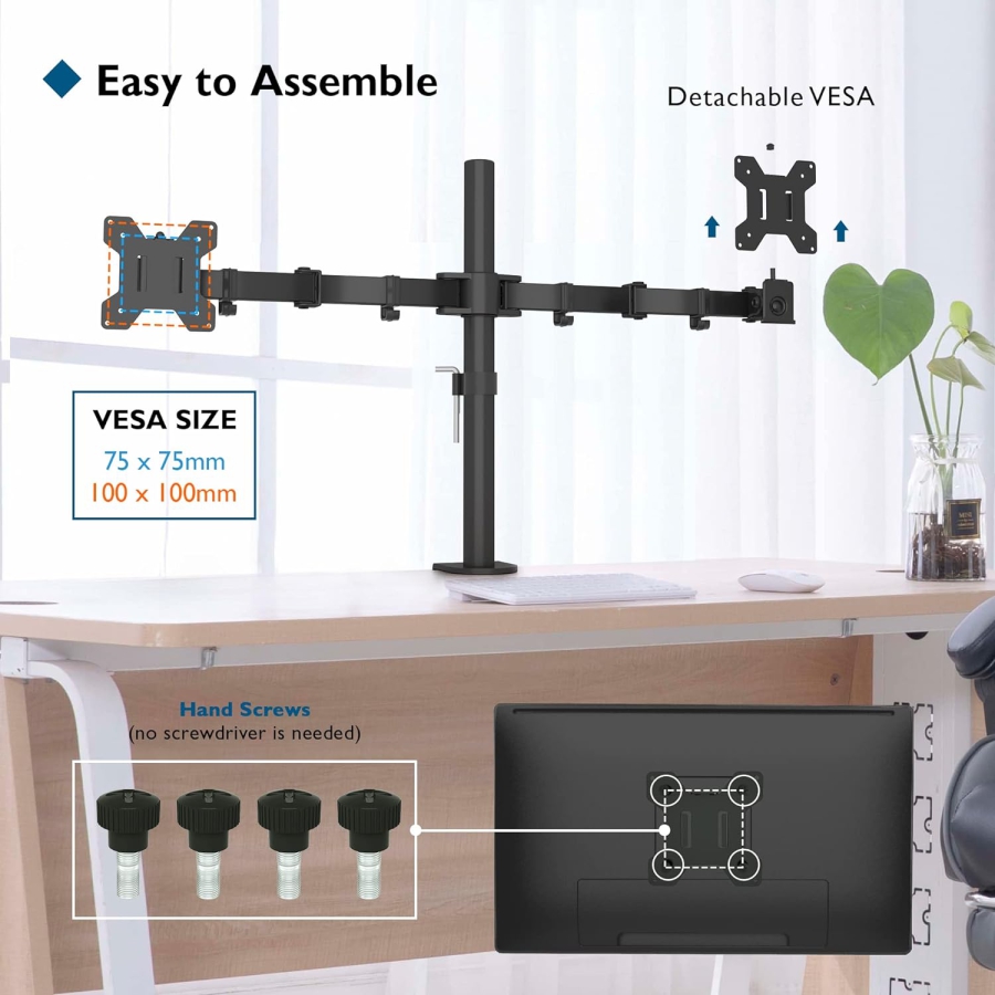 BONTEC Monitor Mount 2 Monitors for 13-27 Inch Flat & Curved Screens, Monitor Table Mount Height Adjustable, Tiltable, Swivel, Rotatable, 10 kg per Arm, VESA 75x75 / 100x100, Black