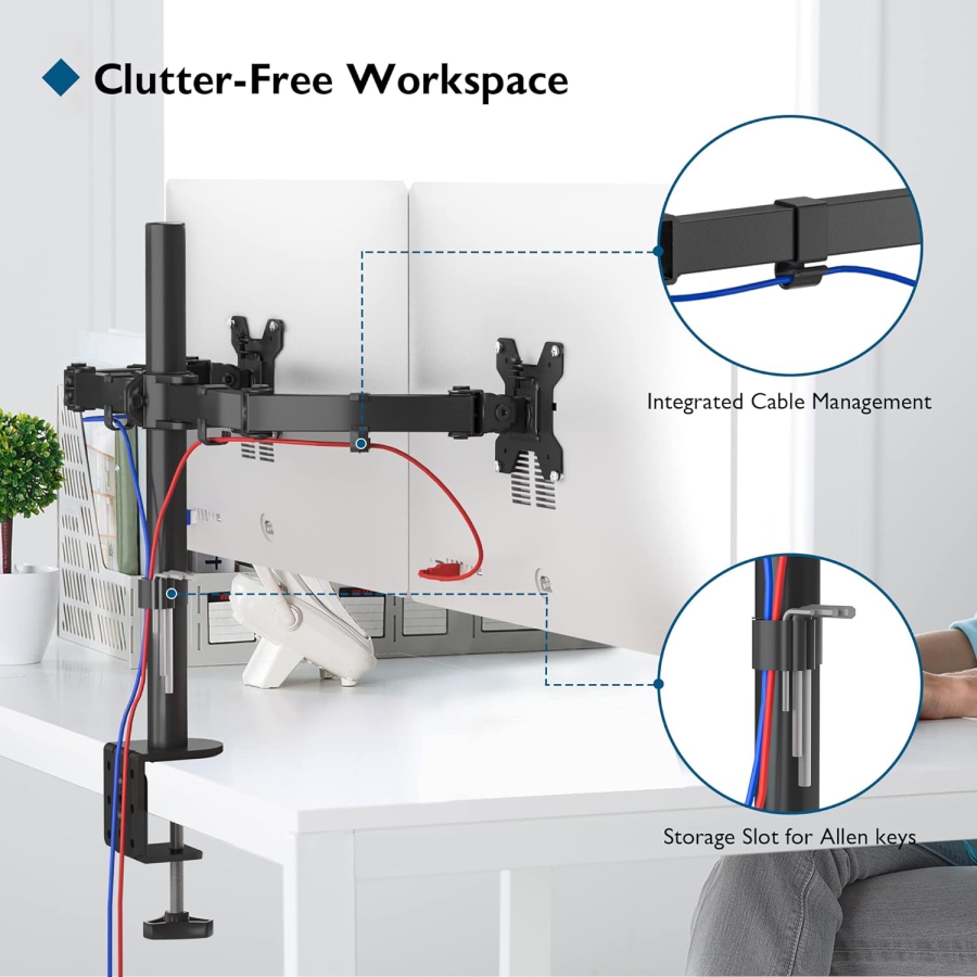 BONTEC Monitor Mount 2 Monitors for 13-27 Inch Flat & Curved Screens, Monitor Table Mount Height Adjustable, Tiltable, Swivel, Rotatable, 10 kg per Arm, VESA 75x75 / 100x100, Black