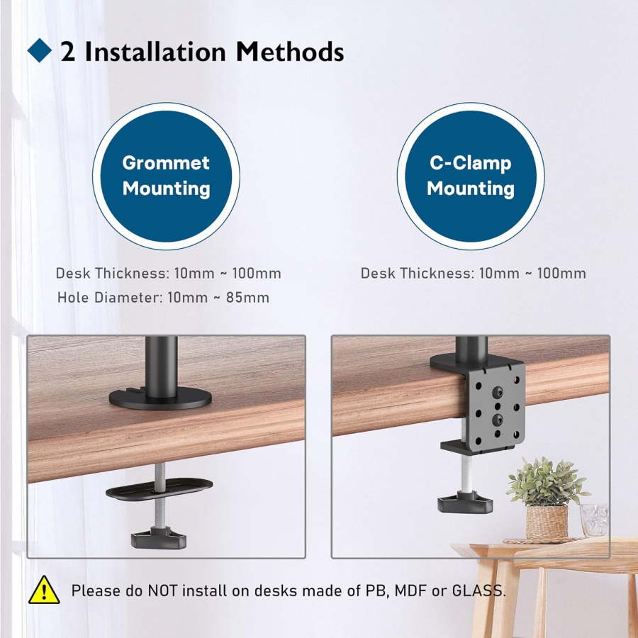 BONTEC Monitor Mount 2 Monitors for 13-27 Inch Flat & Curved Screens, Monitor Table Mount Height Adjustable, Tiltable, Swivel, Rotatable, 10 kg per Arm, VESA 75x75 / 100x100, Black