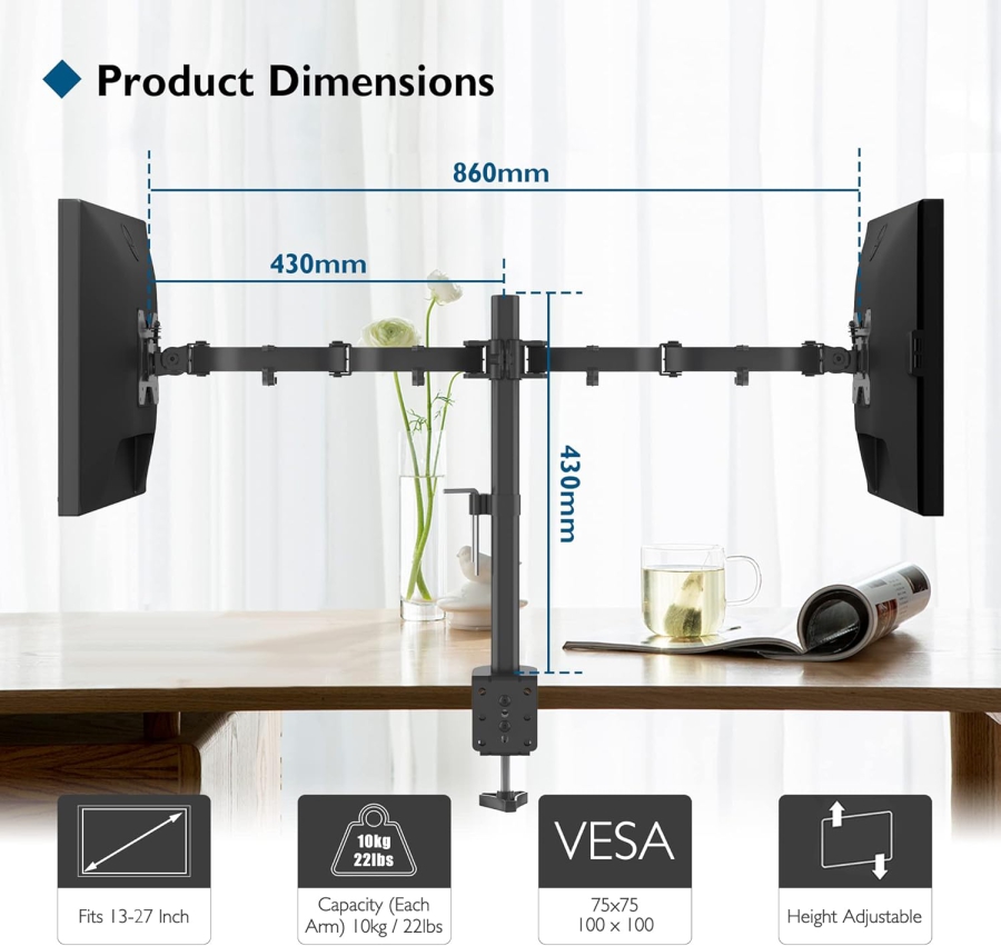BONTEC Monitor Mount 2 Monitors for 13-27 Inch Flat & Curved Screens, Monitor Table Mount Height Adjustable, Tiltable, Swivel, Rotatable, 10 kg per Arm, VESA 75x75 / 100x100, Black