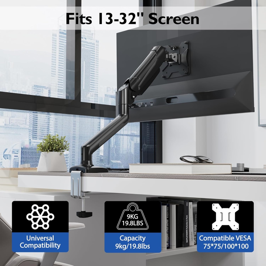 BONTEC monitor mount for 13-32 inch screens Holds 3-9 kg, gas pressure spring arm, tiltable, swivel, rotatable, ergonomic screen mount 1 monitor with cable management, VESA 75/100 mm
