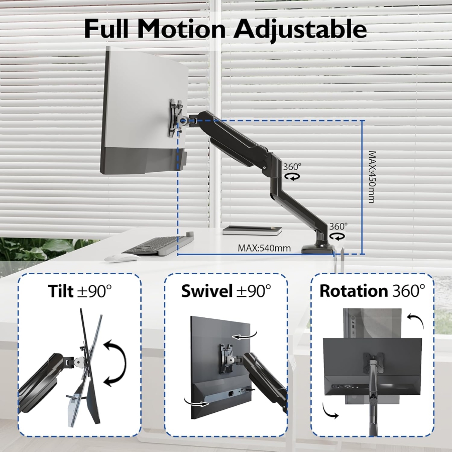 BONTEC monitor mount for 13-32 inch screens Holds 3-9 kg, gas pressure spring arm, tiltable, swivel, rotatable, ergonomic screen mount 1 monitor with cable management, VESA 75/100 mm