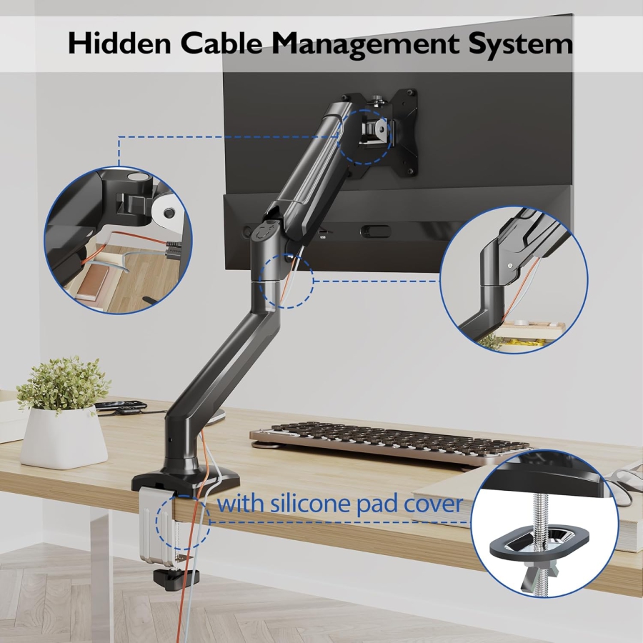 BONTEC monitor mount for 13-32 inch screens Holds 3-9 kg, gas pressure spring arm, tiltable, swivel, rotatable, ergonomic screen mount 1 monitor with cable management, VESA 75/100 mm