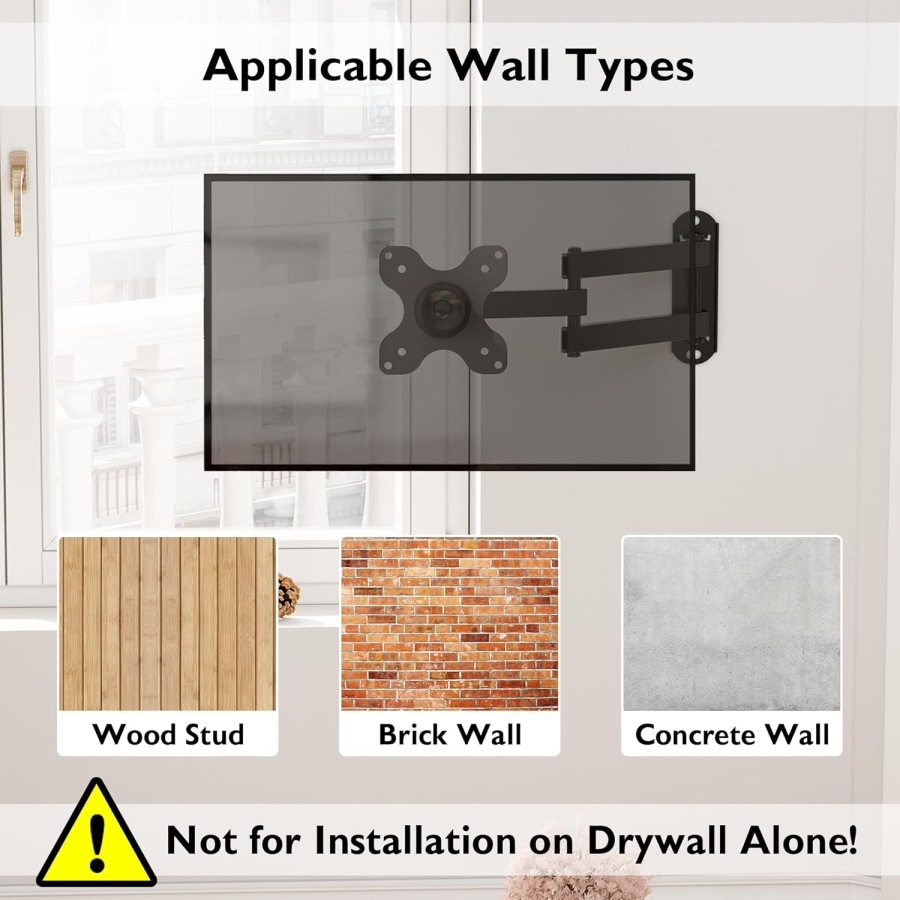 BONTEC PC Monitor & TV Wall Mount Swivel Tilt (13-30 Inch) (Full motion: VESA 75x75/100x100 mm, up to 15 kg load capacity – Incl. spirit level.)