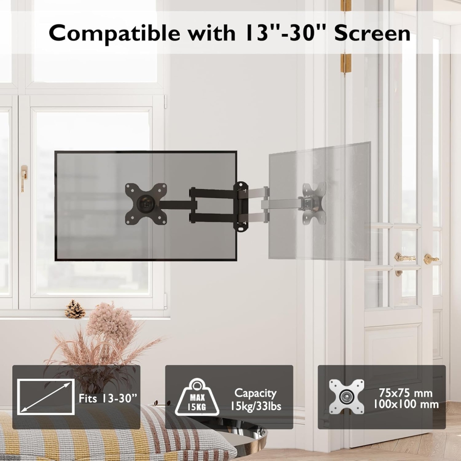 BONTEC PC Monitor Wall Mount TV Wall Mount Swivel/Tilt for 13-30 inch Plasma Curved Monitor & TV, VESA 75x75/100x100mm, up to 15kg, incl. spirit level