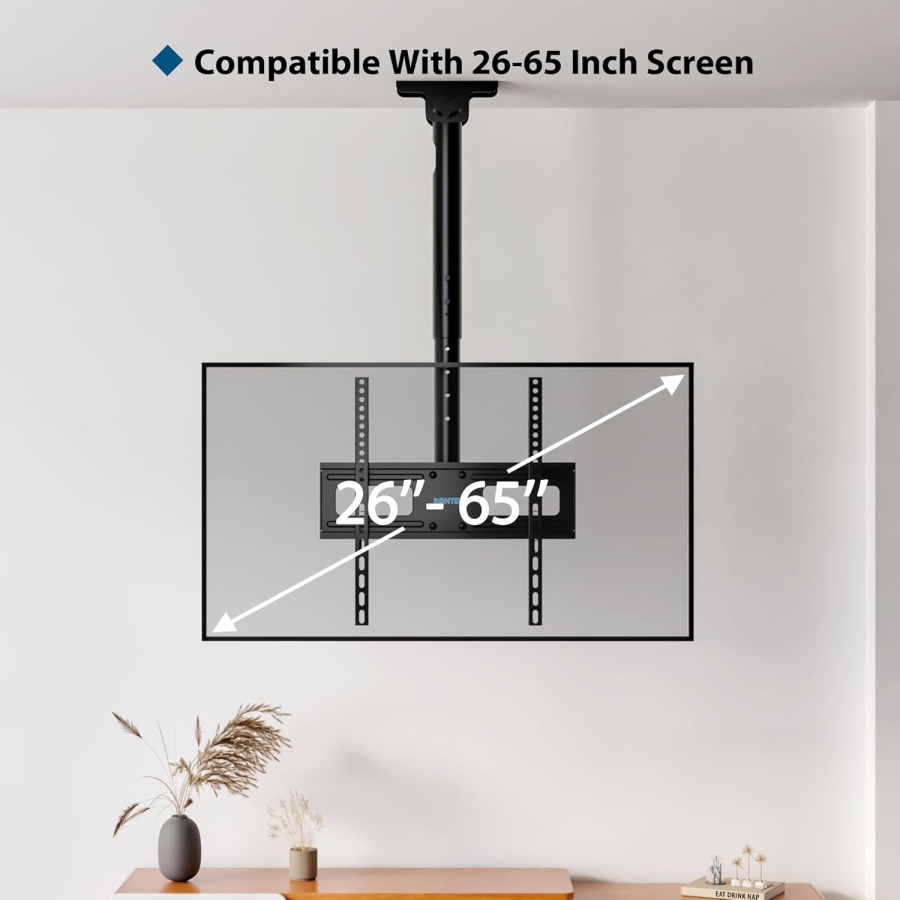 BONTEC TV Ceiling Mount for 26–65 Inch TVs (Tilt, Swivel & for Sloped Ceilings) (Height adjustable ceiling mount up to 45 kg – Ideal for home cinema, office, and sloped ceilings.)