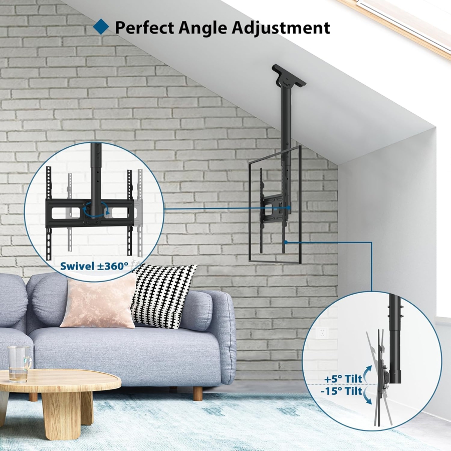 BONTEC TV Ceiling Mount for 26–65 Inch TVs (Tilt, Swivel & for Sloped Ceilings) (Height adjustable ceiling mount up to 45 kg – Ideal for home cinema, office, and sloped ceilings.)