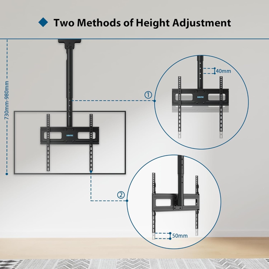 BONTEC TV Ceiling Mount for 26–65 Inch TVs (Tilt, Swivel & for Sloped Ceilings) (Height adjustable ceiling mount up to 45 kg – Ideal for home cinema, office, and sloped ceilings.)