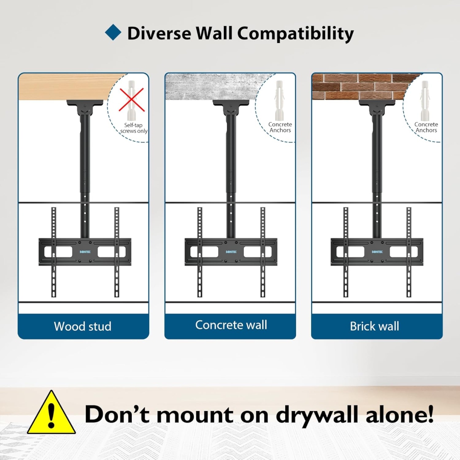 BONTEC TV Ceiling Mount for 26–65 Inch TVs (Tilt, Swivel & for Sloped Ceilings) (Height adjustable ceiling mount up to 45 kg – Ideal for home cinema, office, and sloped ceilings.)