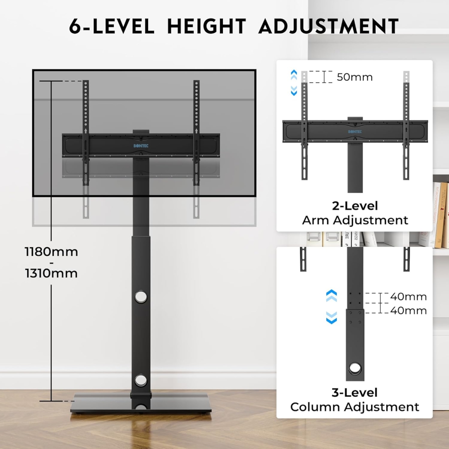 BONTEC TV Floor Stand for 30–70 Inch TVs (Swivel & Height Adjustable) (Free-standing TV Mount with 8mm Glass Base for Flat & Curved TVs up to 40 kg – VESA max. 600x400 mm)
