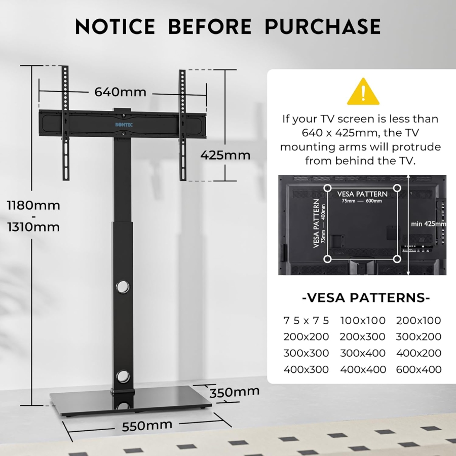 BONTEC TV Floor Stand for 30–70 Inch TVs (Swivel & Height Adjustable) (Free-standing TV Mount with 8mm Glass Base for Flat & Curved TVs up to 40 kg – VESA max. 600x400 mm)