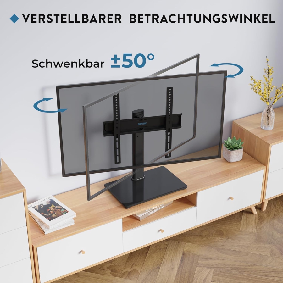 BONTEC Universal TV Stand for 24–60 Inch TVs (Swivel & Height Adjustable) (Stable TV stand with 8mm safety glass base for TVs up to 45 kg – VESA max. 400x400 mm)
