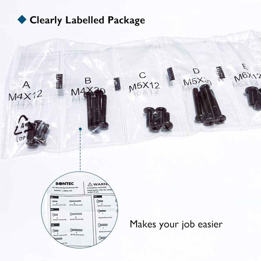BONTEC Universal VESA Screw Set for TVs up to 80 Inches (M4, M5, M6, M8) (Complete Mounting Kit for Wall Mounts & Stands – Incl. Spacers & Washers)