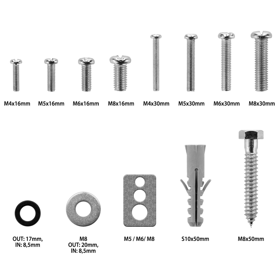 deleyCON 66-Piece Universal VESA Screw Set for TV & Wall Mount (M4, M5, M6, M8) (Complete fastening material incl. wall anchors, wall screws & spacers for all common TVs)
