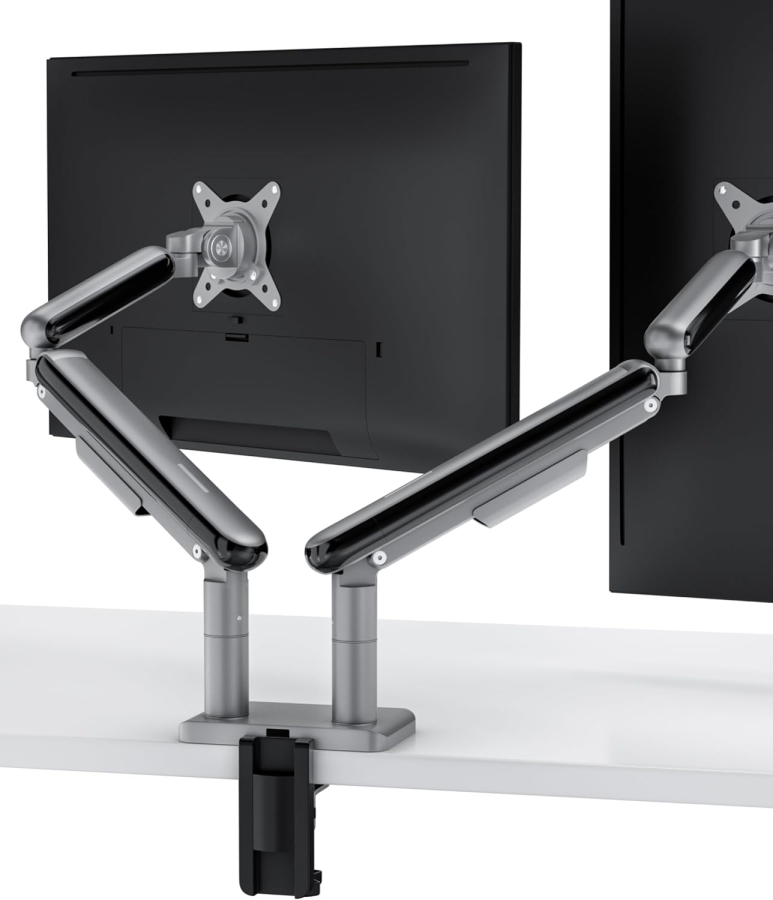Desktronic Dual Monitor Mount for 2 Screens up to 32 Inches & 8 kg (Space-saving design (Close to wall) – 360° Rotatable, Height Adjustable & Robust Steel Construction.)