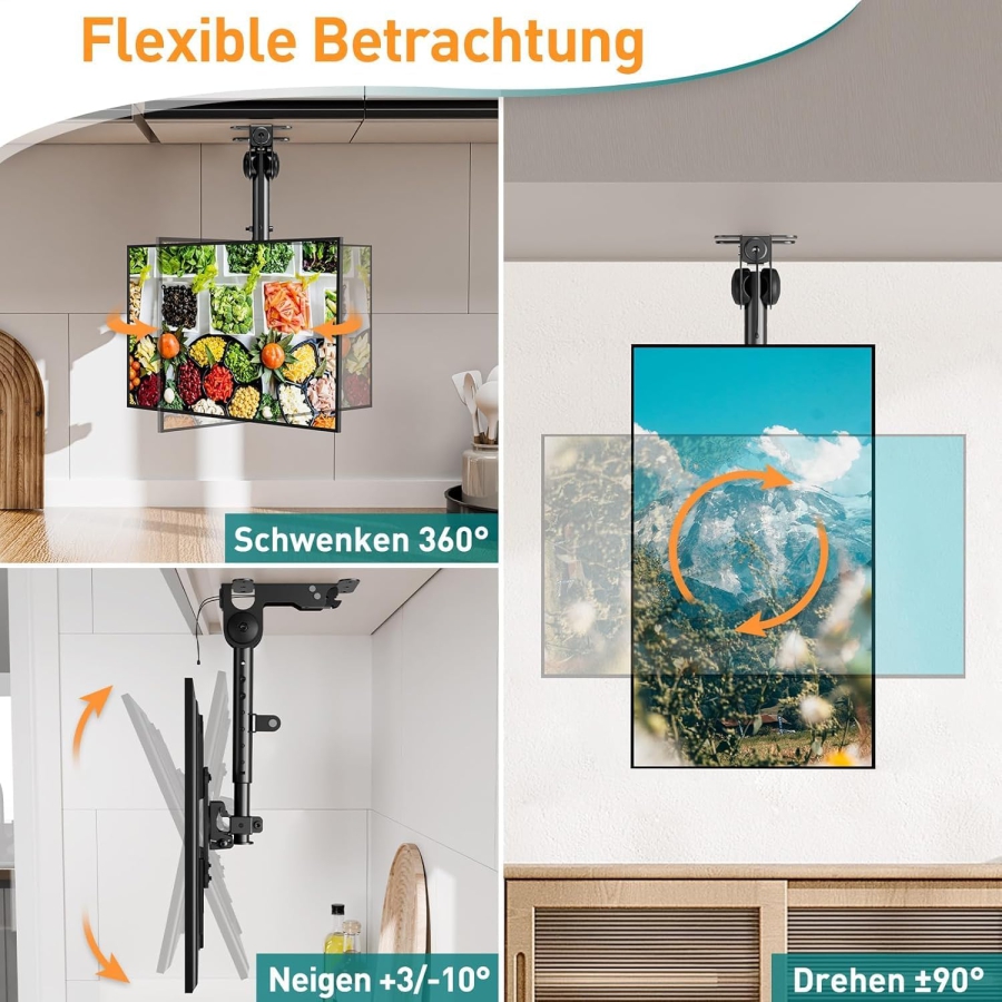 ELIVED TV & Monitor Ceiling Mount Foldable for 14–42 Inches (EV3030) (Space-saving Under-Cabinet Mount for Cabinets, Caravans & Sloped Ceilings – Height Adjustable & Swivel up to 10 kg.)