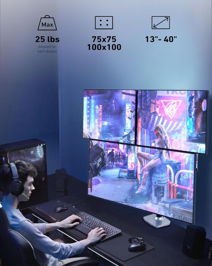 Ergounion 3-Monitor Mount (Aluminum) for 13–40 Inch (Premium Desk Mount for Three Monitors up to 11.3 kg Each – With Durable Mechanical Spring.)