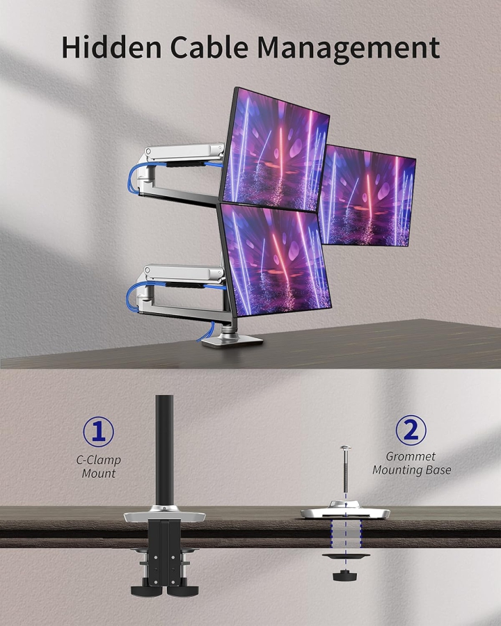 Ergounion 3-Monitor Mount (Aluminum) for 13–40 Inch (Premium Desk Mount for Three Monitors up to 11.3 kg Each – With Durable Mechanical Spring.)